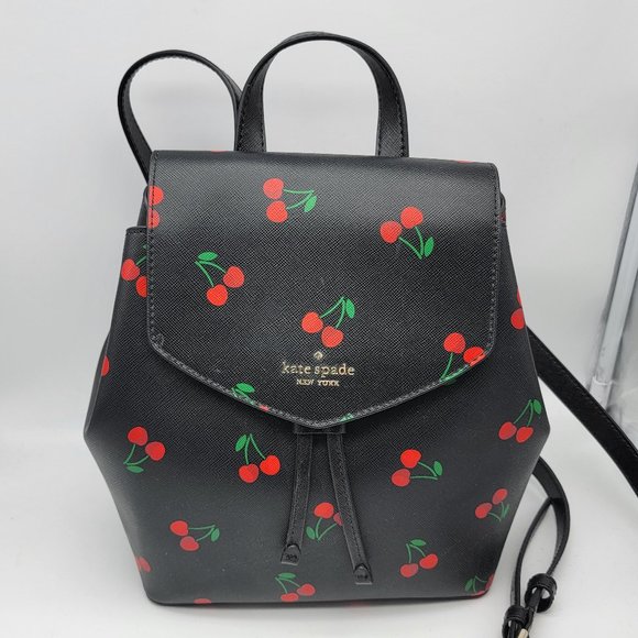 Kate Spade Lizzie Tossed Cherry Printed Medium Flap Backpack K6390 Black Multi